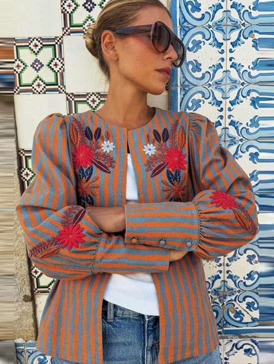 Jackets & Blazers - Embroidered Orange & Teal Stripe Women's Jacket